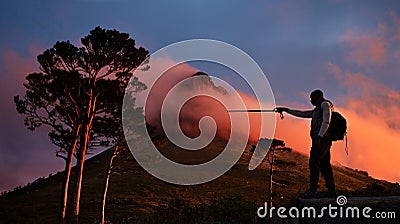 Goal, pointing and a man hiking in the mountains at night for travel, freedom or to explore remote nature. Sky Stock Photo