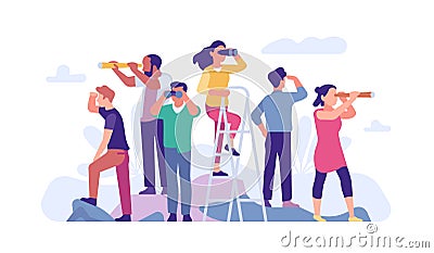 Goal search. People looks different directions through binoculars and spyglasses. Men and women peer into distance Vector Illustration