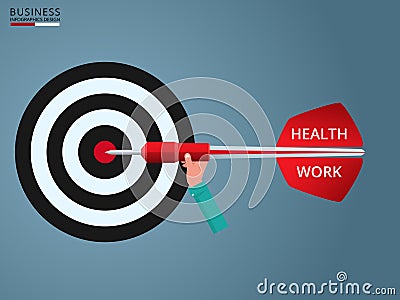 Goal setting. Hand holding dart with text ` Health, Work` to target. Concept of work and life balance. Vector Illustration