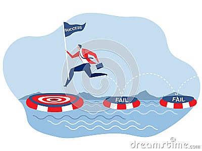 Goal to success ,businessman holding success flag with jumping on many time of failures floating on water and finally reach succes Vector Illustration