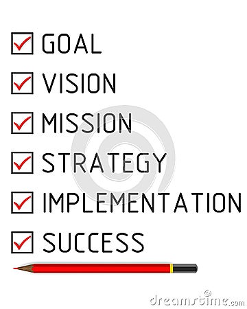 Goal, vision, mission, strategy, implementation, success. List with the check marks Stock Photo