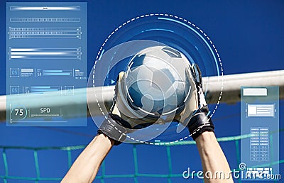 Goalkeeper with ball at football goal over sky Stock Photo