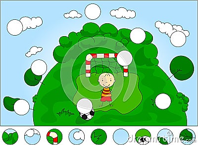 Goalkeeper boy standing at the gate with ball. Complete the puzzle and find the missing parts of the picture. Game for kids Vector Illustration