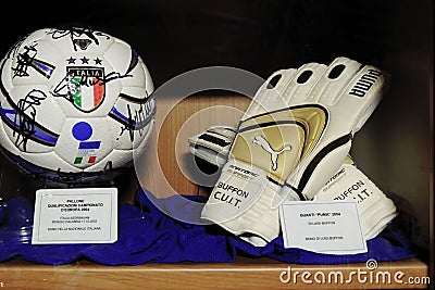 Goalkeeper Buffon gloves and ball Editorial Stock Photo