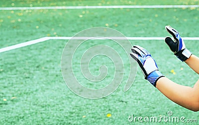 Goalkeeper facing a penalty kick. Training of the youth football team. Stock Photo