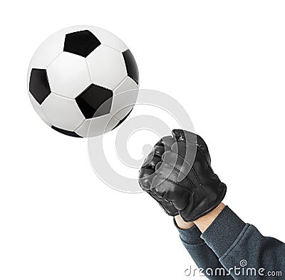 Goalkeeper hands and soccer ball Stock Photo