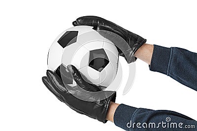 Goalkeeper hands and soccer ball Stock Photo