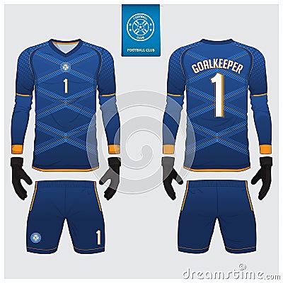 Goalkeeper jersey or soccer kit, long sleeve jersey, goalkeeper glove template design. t-shirt mock up. Front, back view uniform. Vector Illustration