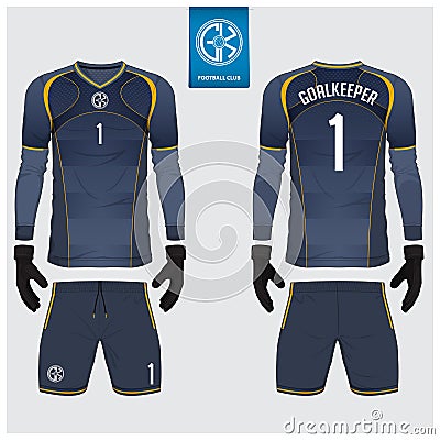 Goalkeeper jersey or soccer kit, long sleeve jersey, goalkeeper glove template design. t-shirt mock up. Front, back view uniform. Vector Illustration
