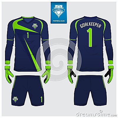 Goalkeeper jersey or soccer kit, long sleeve jersey, goalkeeper glove template design. t-shirt mock up. Front, back view uniform. Vector Illustration