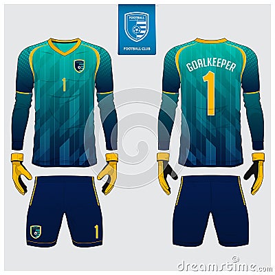 Goalkeeper jersey or soccer kit, long sleeve jersey, goalkeeper glove template design. t-shirt mock up. Front, back view uniform. Vector Illustration