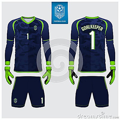 Goalkeeper jersey or soccer kit, long sleeve jersey, goalkeeper glove template design. t-shirt mock up. Front, back view uniform. Vector Illustration