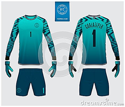 Goalkeeper jersey or soccer kit mockup. Goalkeeper glove and long sleeve jersey template design. Logo design. Vector. Vector Illustration