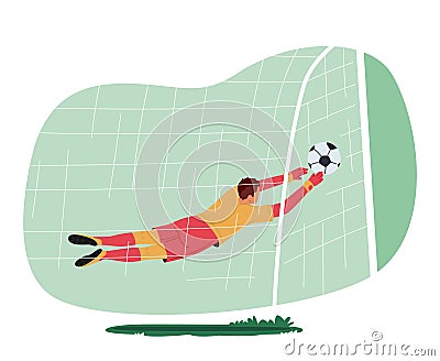 Goalkeeper Jump and Catching Ball Defend Gates in Soccer Tournament Rear View through the Net. Goalie Male Character Vector Illustration