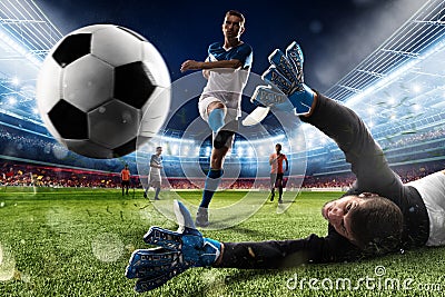 Goalkeeper kicks the ball in the stadium Stock Photo