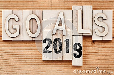 2019 goals banner - New Year resolution concept - text in vintage letters on wooden blocks Stock Photo