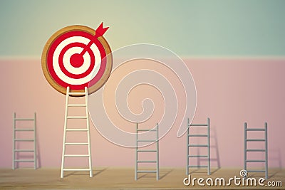 Goals concept: Longest white ladder and aiming high to goal target among other short ladders, depicts excellent performance and Stock Photo