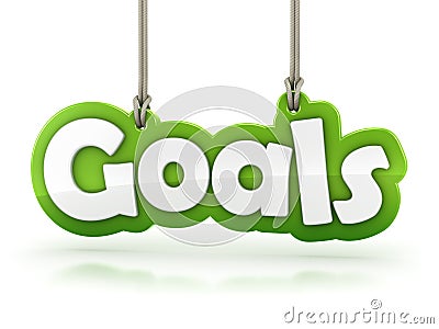 Goals green word text hanging on rope on white Stock Photo