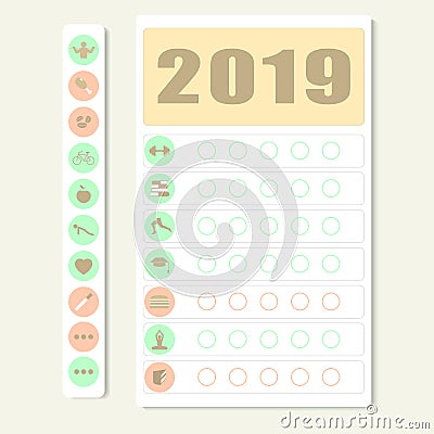 Tasks for the year 2019. Calendar of habits. Happy New Year. Vector illustration. Stock Photo