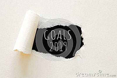 2019 goals list written over torn paper on black background. Stock Photo