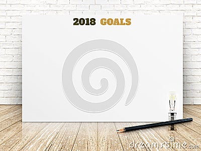 2018 goals of new year on white paper poster on wood plank floor Stock Photo