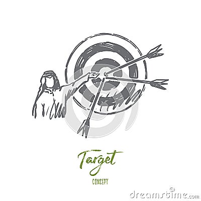 Goals, target, hitting, muslim, attainment concept. Hand drawn isolated vector. Vector Illustration