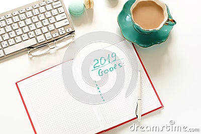 Goals 2019, To do list concept .top view, flat lay women`s office desk Stock Photo