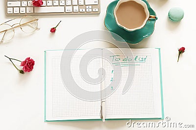 Goals 2019, To do list concept .top view, flat lay women`s office desk Stock Photo