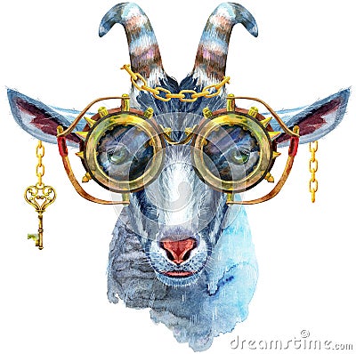Goat with steampunk glasses watercolor illustration isolated on white background. Cartoon Illustration