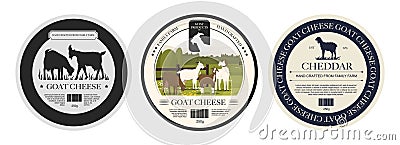 Goat cheese labels. Organic cheddar cheese slices, cartoon goat mozzarella products with labels for food packaging Vector Illustration