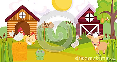 Goat duck rooster hen chicken house barn farm animals Vector Illustration