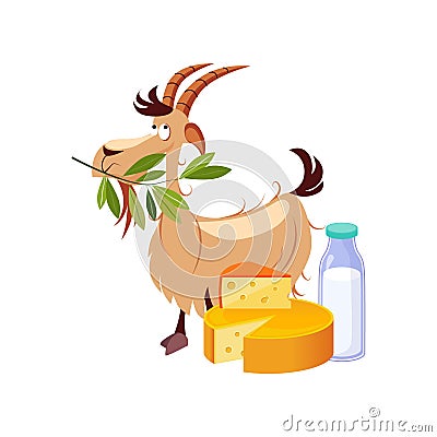 Goat Eating A Branch And Set Of Cheese And Milk Dairy Food, Farm And Farming Related Illustration In Bright Cartoon Vector Illustration