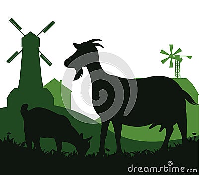 Goat with kid grazing on rural farm buildings. Picture silhouette. Farm pets. Animals for milk and dairy products Vector Illustration