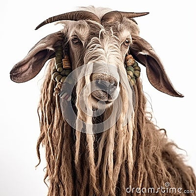 Goat with a long beard braided into dreadlocks and decorated with beads, close-up portrait isolated Stock Photo