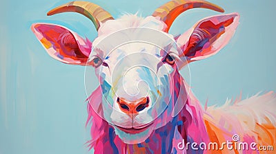 Bold And Expressive Goat Portrait On Canvas In Vibrant Pink And Cyan Tones Stock Photo