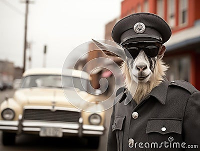 Goat policeman with little patrol car Stock Photo