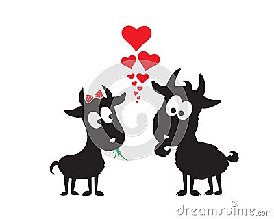 Two Cute Goats silhouettes in love and red hearts illustration. Cartoon character. Valentine greeting card design Vector Illustration