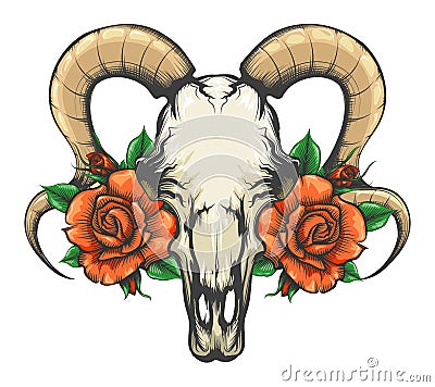 Goat Skull with Rose Flowers Tattoo Drawn in Engraving Style Vector Illustration