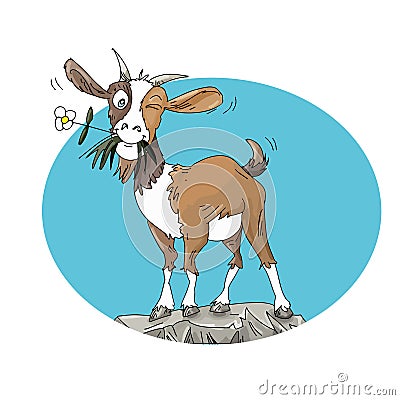 goat with small flower in mouth on rock humorist illustration for kids Cartoon Illustration