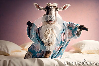 goat in a terry bathrobe joyfully jumping, created with Generative AI technology Stock Photo