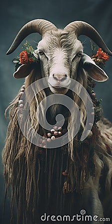 Analog Portrait: Goat With Flower Garlands And Braided Braids Stock Photo