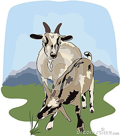 Goat and yeanling at meadow Vector Illustration