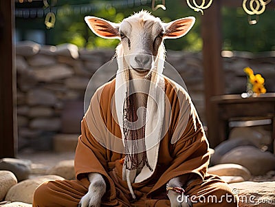 Goat yoga in a zen garden Stock Photo