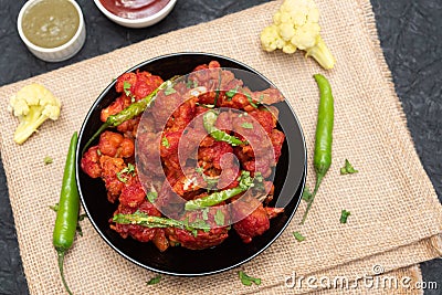 Gobi Manchurian dry or chilly gobi cauliflower fry, street food Punjab North India Stock Photo