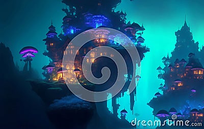 Goblin City with glowing mushroom houses, Generative AI Illustration Stock Photo