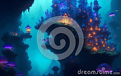 Goblin City with glowing mushroom houses, Generative AI Illustration Stock Photo