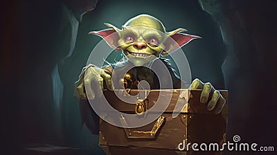 A goblin holding a treasure chest Stock Photo