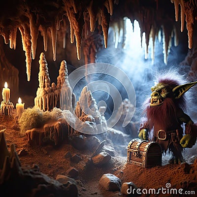 Goblin with treasure chest in a fantasy cave setting Stock Photo