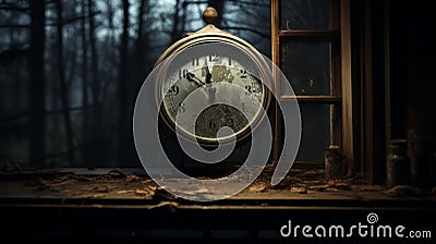 Goblincore Clock: Authentic Depictions In Abandoned House Window Stock Photo