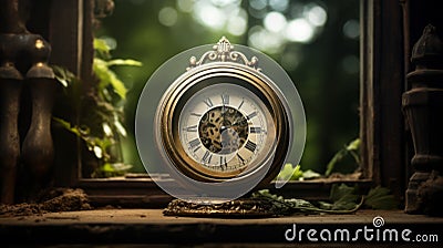 Goblincore Clock: Authentic Depictions In Abandoned House Window Stock Photo